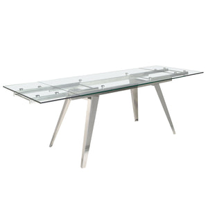 Rectangular extendable dining table in tempered glass and chromed steel