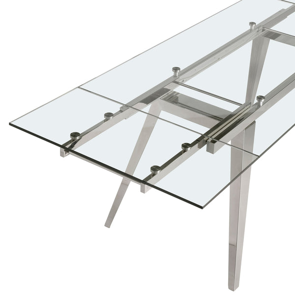 Rectangular extendable dining table in tempered glass and chromed steel