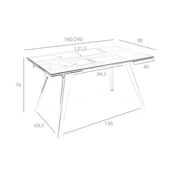 Rectangular extendable dining table in tempered glass and chromed steel