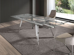 Rectangular extendable dining table in tempered glass and chromed steel