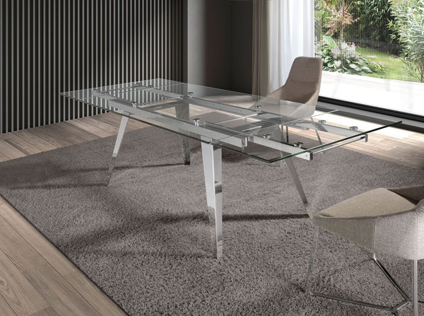 Rectangular extendable dining table in tempered glass and chromed steel