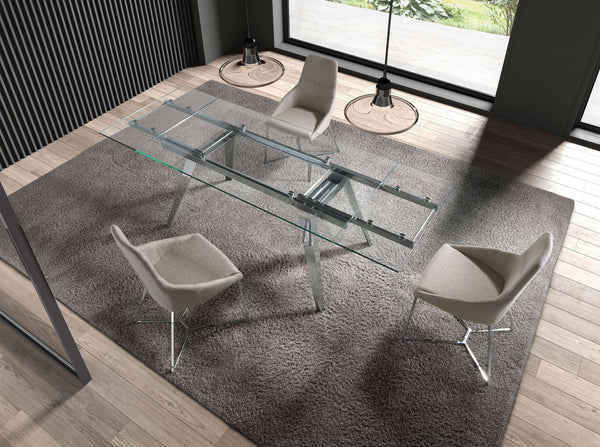 Rectangular extendable dining table in tempered glass and chromed steel