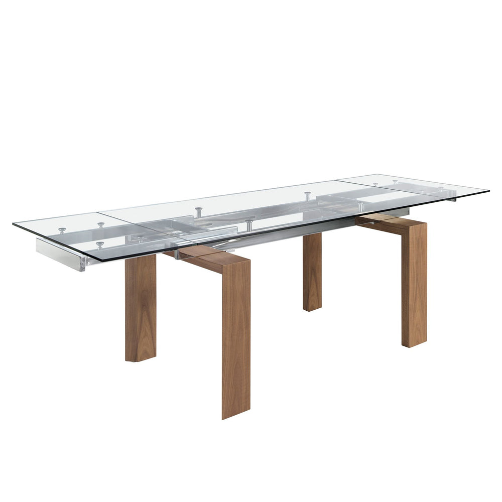 Rectangular extendable dining table in tempered glass and walnut