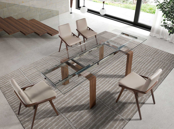 Rectangular extendable dining table in tempered glass and walnut