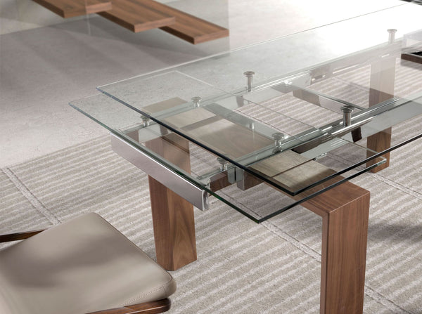 Rectangular extendable dining table in tempered glass and walnut