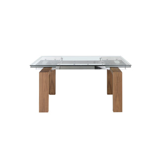 Rectangular extendable dining table in tempered glass and walnut