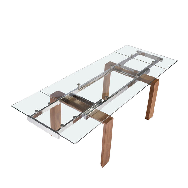 Rectangular extendable dining table in tempered glass and walnut
