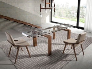 Rectangular extendable dining table in tempered glass and walnut