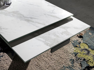 Rectangular extendable dining table in porcelain marble and black steel