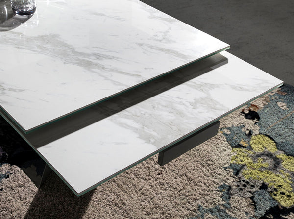 Rectangular extendable dining table in porcelain marble and black steel