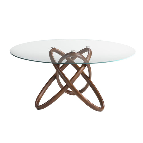 Round dining table in tempered glass and walnut