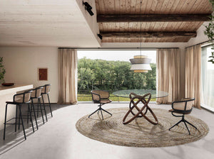 Round dining table in tempered glass and walnut