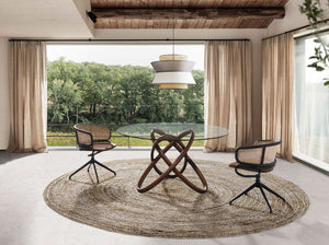 Round dining table in tempered glass and walnut