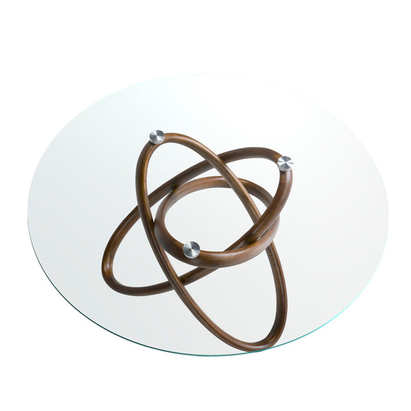 Round dining table in tempered glass and walnut