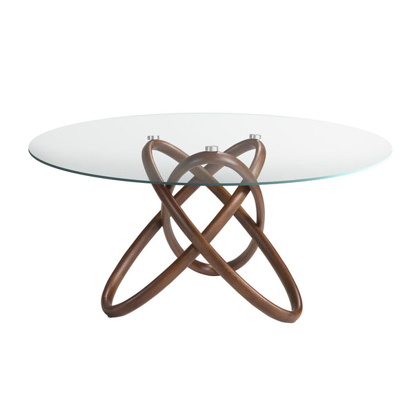Round dining table in tempered glass and walnut D140