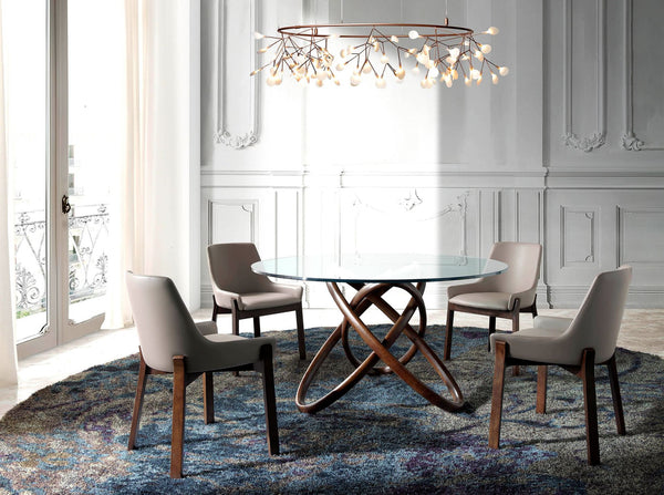 Round dining table in tempered glass and walnut