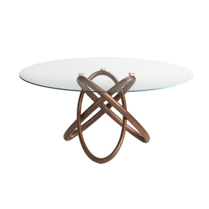 Round dining table in tempered glass and walnut