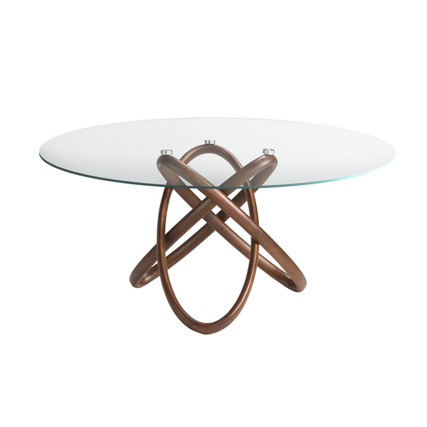 Round dining table in tempered glass and walnut