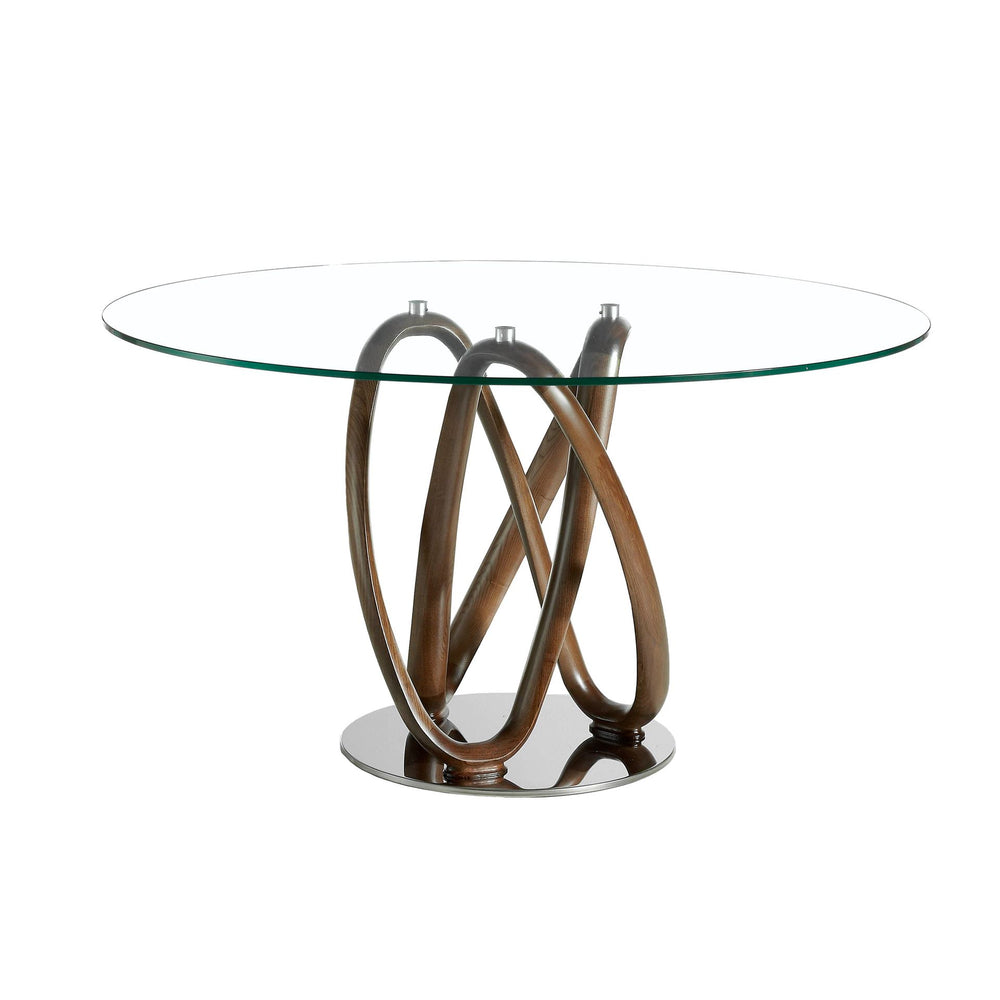 Round dining table in tempered glass and walnut