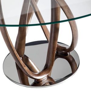 Round dining table in tempered glass and walnut