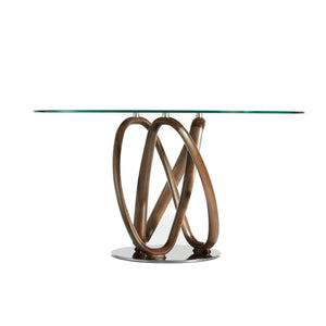 Round dining table in tempered glass and walnut