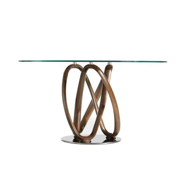 Round dining table in tempered glass and walnut