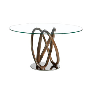 Round dining table in tempered glass and walnut
