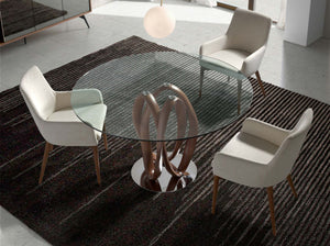 Round dining table in tempered glass and walnut