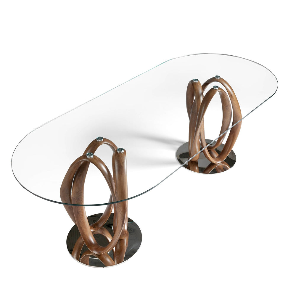 Oval half-round dining table in tempered glass and walnut