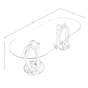 Oval half-round dining table in tempered glass and walnut