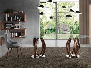 Oval half-round dining table in tempered glass and walnut