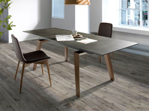 Rectangular extendable dining table in porcelain marble and walnut