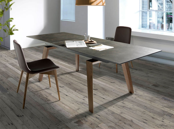 Rectangular extendable dining table in porcelain marble and walnut
