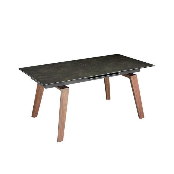 Rectangular extendable dining table in porcelain marble and walnut