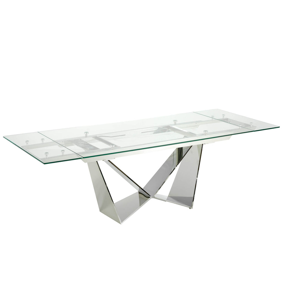 Rectangular extendable dining table in tempered glass and chromed steel