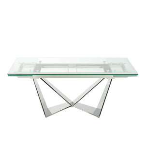 Rectangular extendable dining table in tempered glass and chromed steel