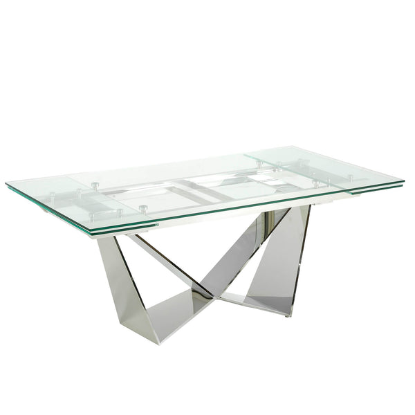 Rectangular extendable dining table in tempered glass and chromed steel