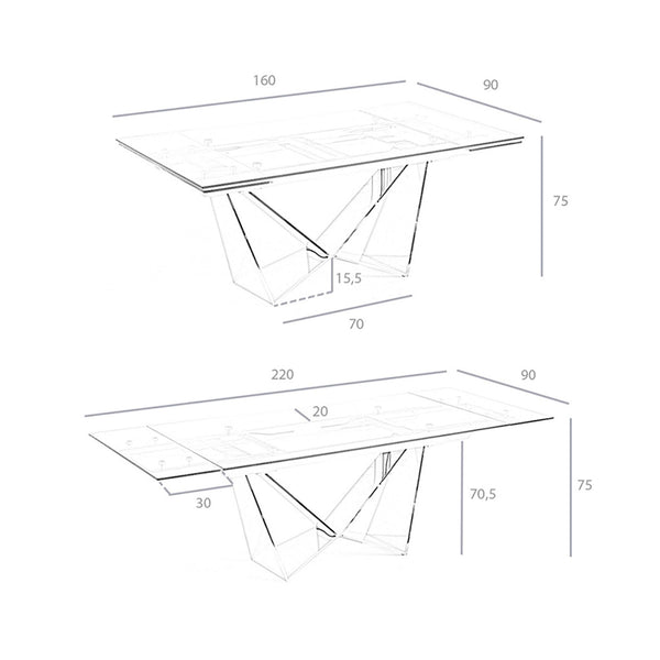 Rectangular extendable dining table in tempered glass and chromed steel