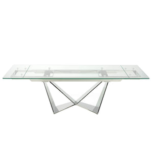 Rectangular extendable dining table in tempered glass and chromed steel