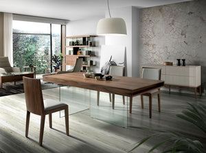 Rectangular walnut and tempered glass dining table