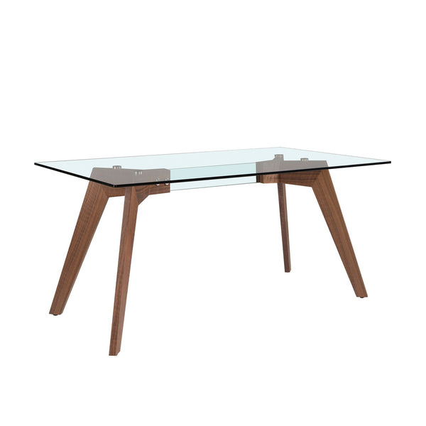 Rectangular dining table in tempered glass and walnut