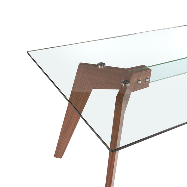 Rectangular dining table in tempered glass and walnut