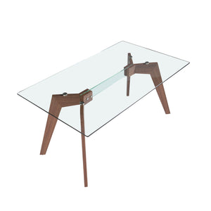 Rectangular dining table in tempered glass and walnut