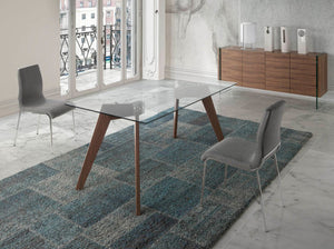 Rectangular dining table in tempered glass and walnut