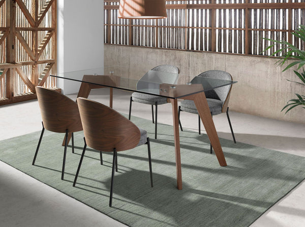 Rectangular dining table in tempered glass and walnut