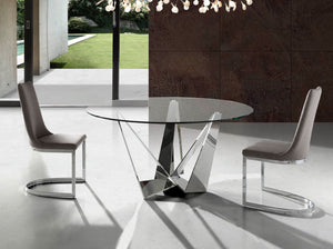 Round dining table in tempered glass and chromed steel