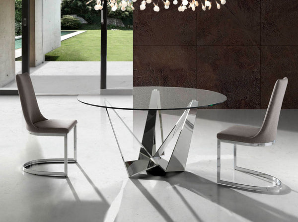 Round dining table in tempered glass and chromed steel