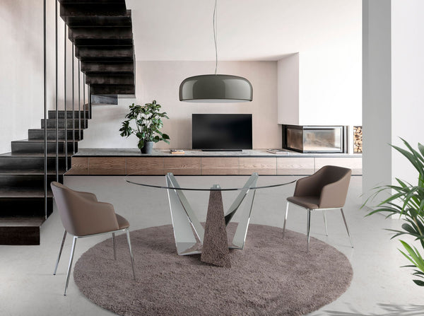Round dining table in tempered glass and chromed steel