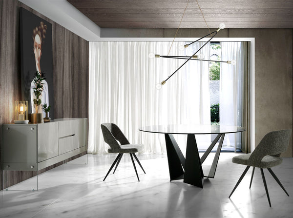 Round dining table with tempered glass and black steel