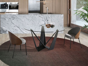 Round dining table with tempered glass and black steel